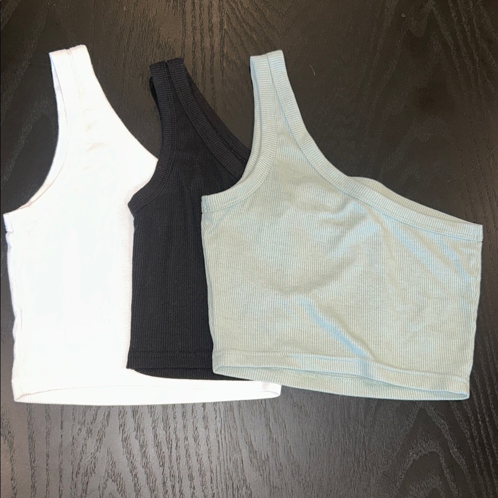 Set of 3 One-Shoulder Ribbed Crop Top - White-Black-light Green Size  Small